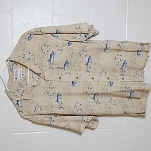 Columbia Textured 100% Silk Casual Side Vent Button Down Shirt Deep Sea Fish